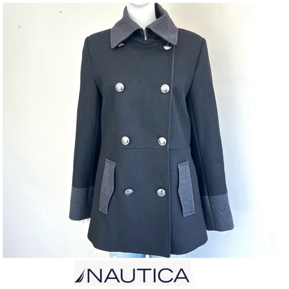 NAUTICA Women's Black Gray Trim Wool Blend Double Breasted Button Peacoat Sz M - Picture 1 of 16
